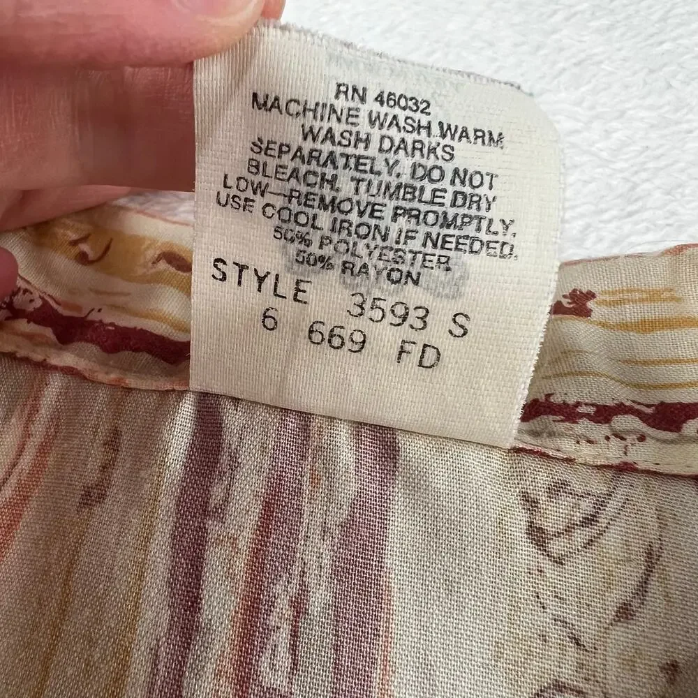 Nikki Vintage Women's Button Down Blouse Floral Stripe Tan Maroon Size 11/12